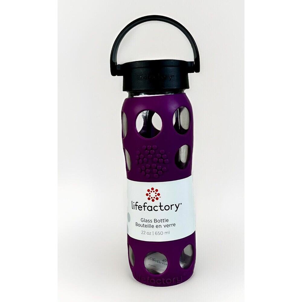 LIFEFACTORY 22 oz Glass Water Bottle With Silicone Sleeve Screw Top- Purple